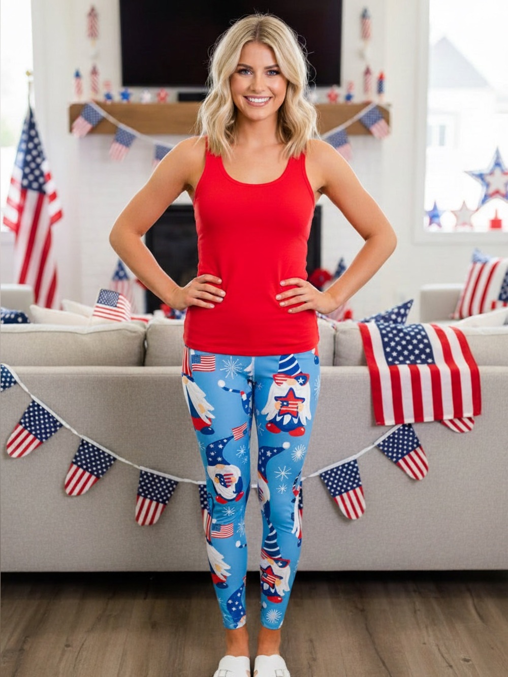 OS/TC/TC2 NEW Women USA American Flag Gnome Leggings 4th of July Yoga Pants